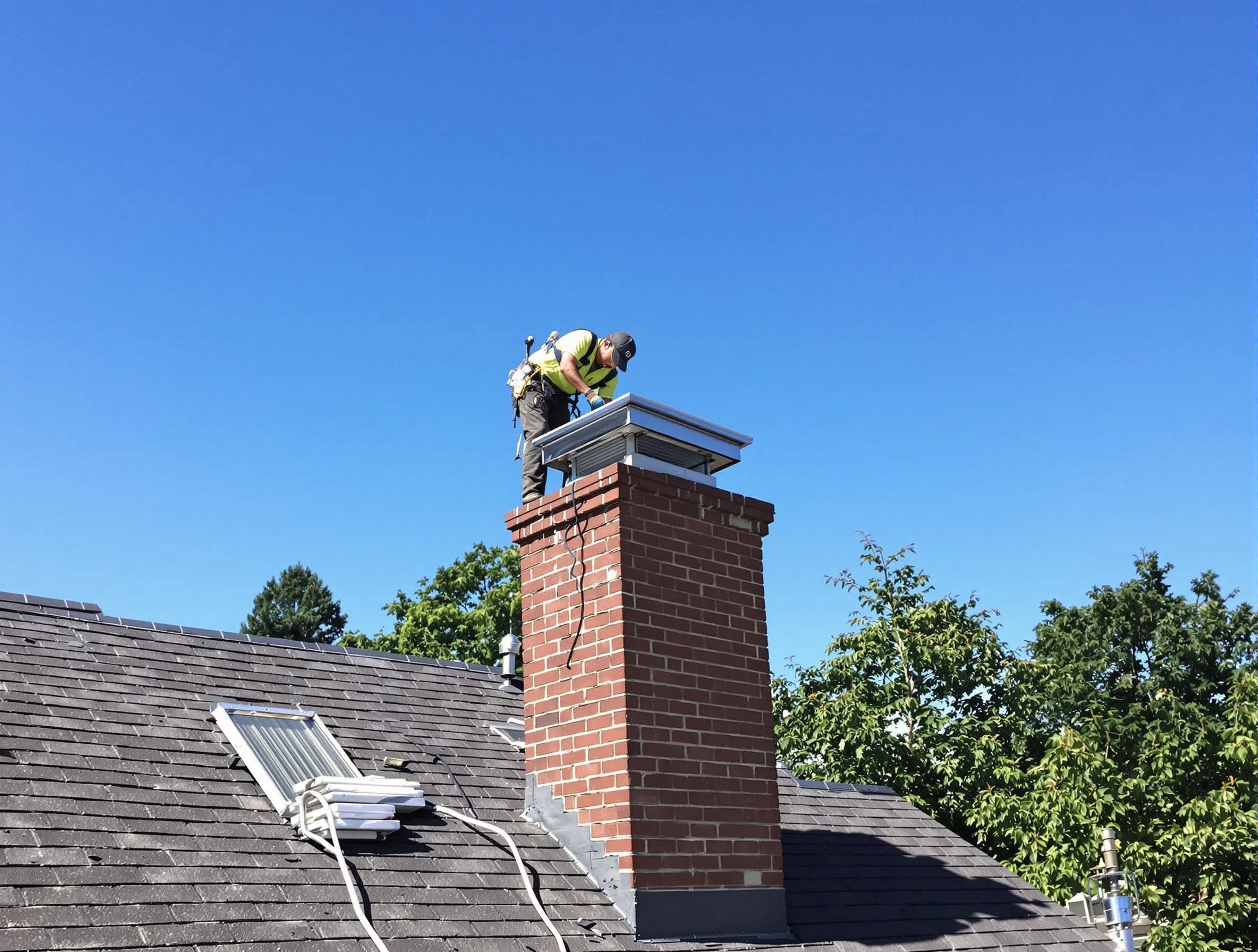 Derby Chimney Sweep technician measuring a chimney cap in Derby, CO