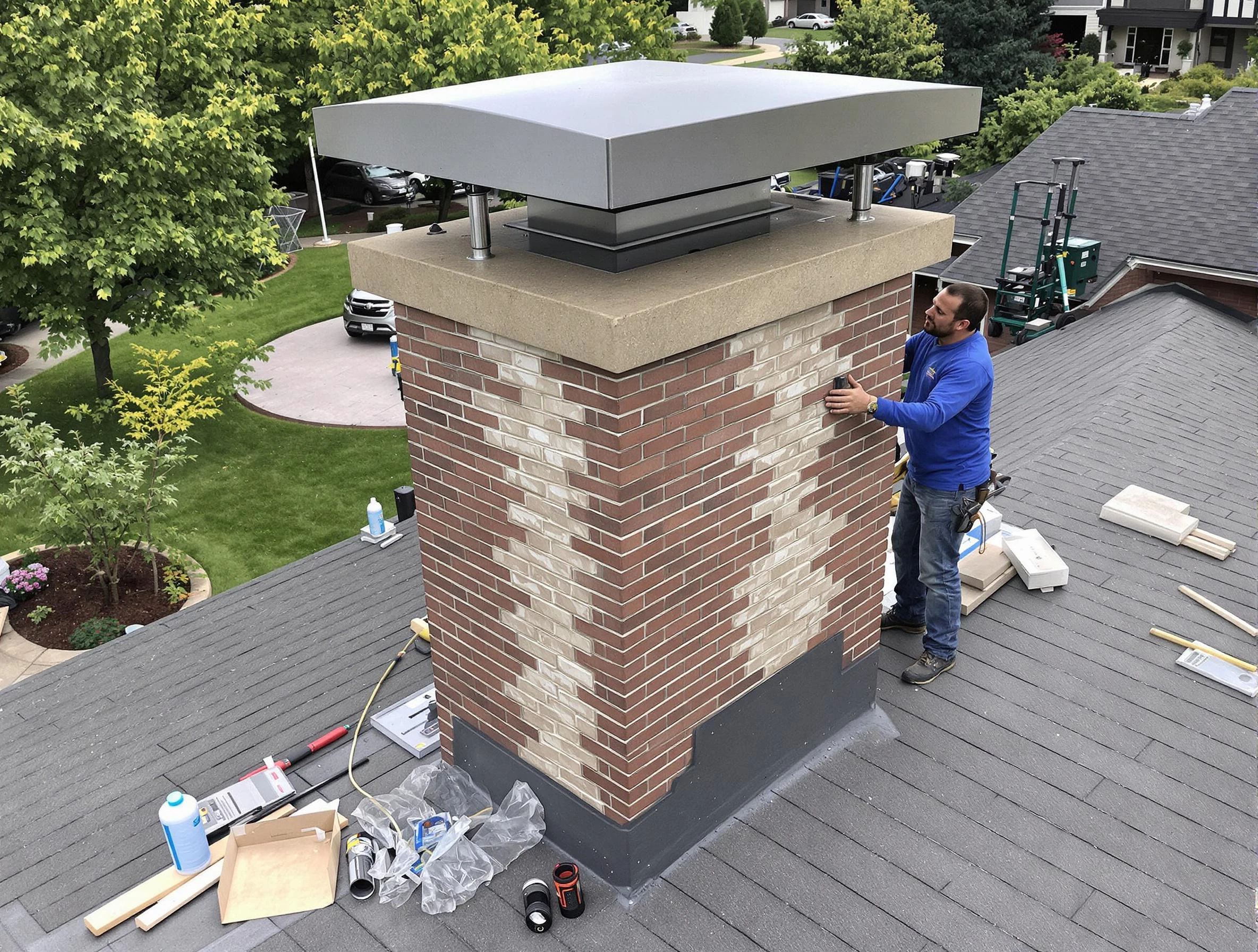 Derby Chimney Sweep team working on a custom chimney remodel in Derby, CO